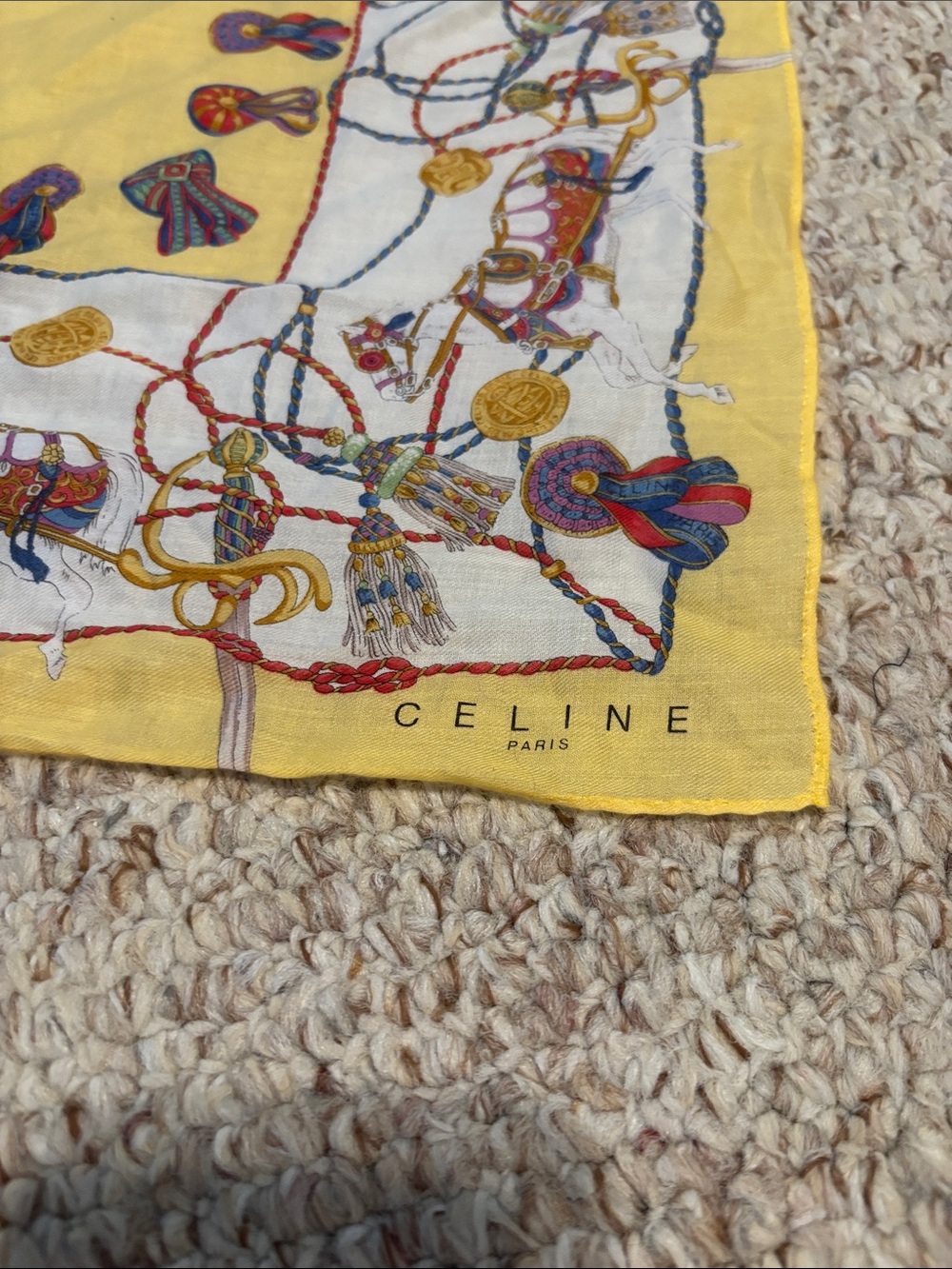 Celine Yellow White Equestrian Print Silk Scarf
